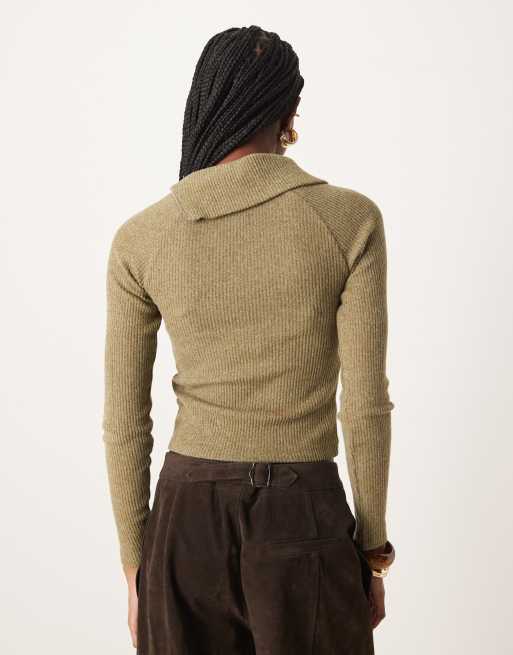 ASOS DESIGN super soft brushed rib long sleeve top with zip detail in khaki, 4 of 4