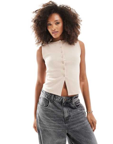 ASOS DESIGN super soft brushed sleeveless button through top in oatmeal - view 1