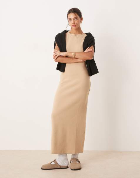 ASOS DESIGN super soft cap sleeve column maxi dress in oat - view 1