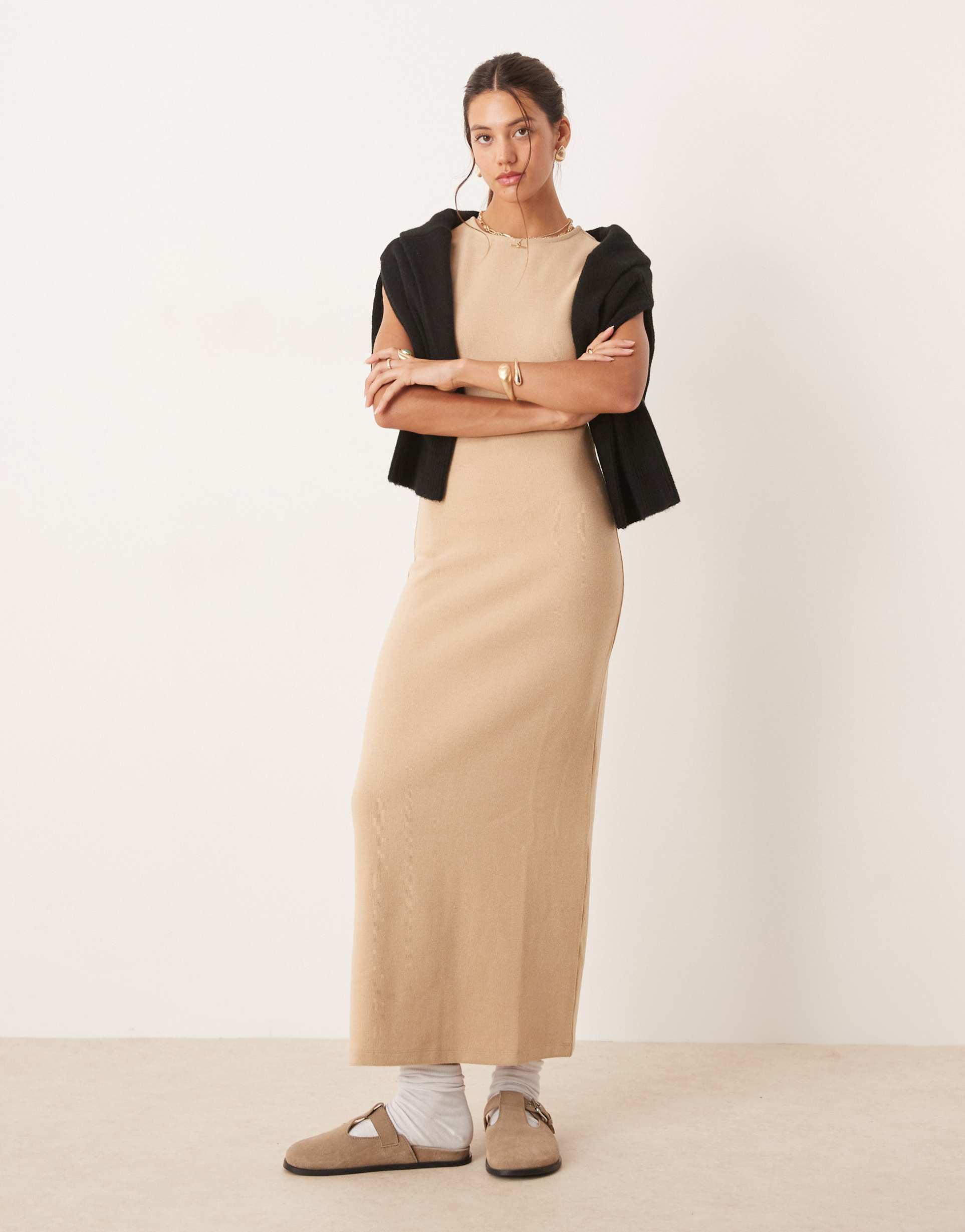 asos design super soft cap sleeve column maxi dress in oat