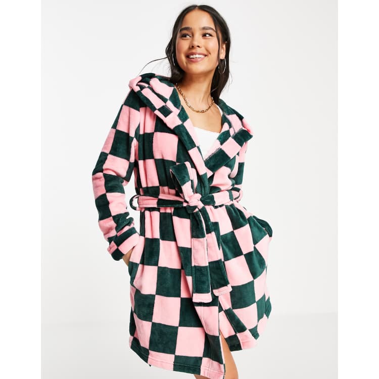 Pretty Pastel Gingham Check Print Snap Front Robe