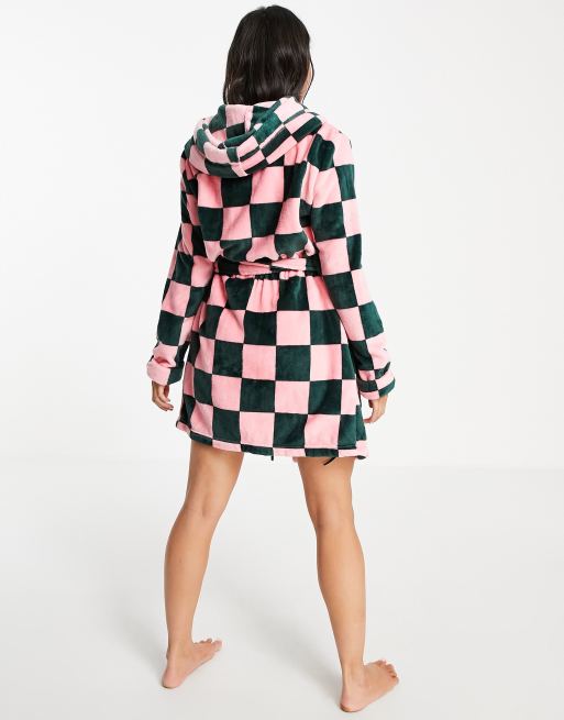 ASOS DESIGN super soft checkerboard fleece robe in pink & green | ASOS