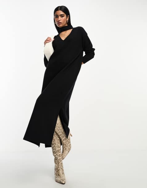 ASOS DESIGN super soft choker detail long sleeve midi jumper dress in black - view 1