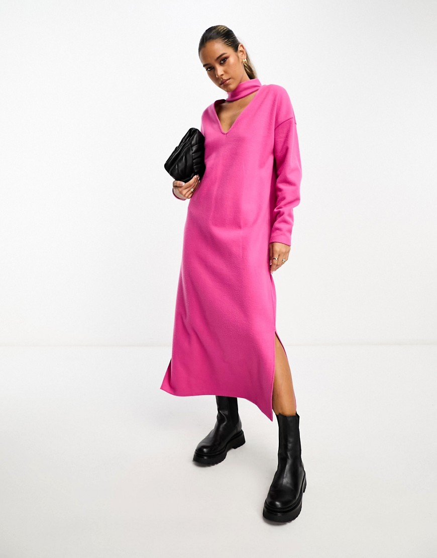 Asos Design Super Soft Choker Detail Long Sleeve Midi Sweater Dress In Bright Pink