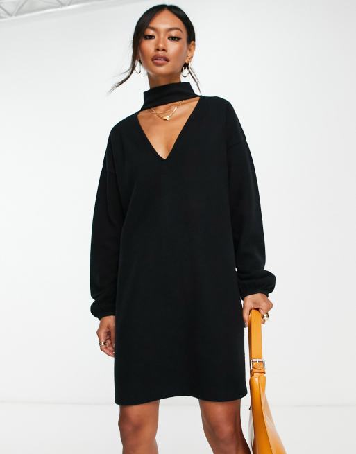 ASOS DESIGN super soft choker detail long sleeve mini sweater dress in black