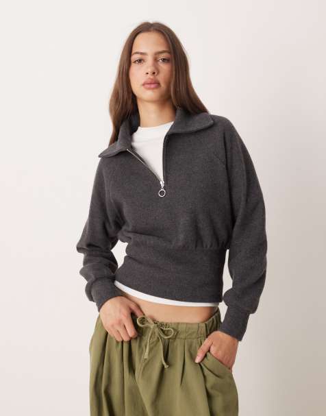ASOS DESIGN super soft cinched zip through jumper in charcoal