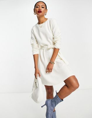 ASOS DESIGN super soft crew neck mini jumper dress with belt in winter white