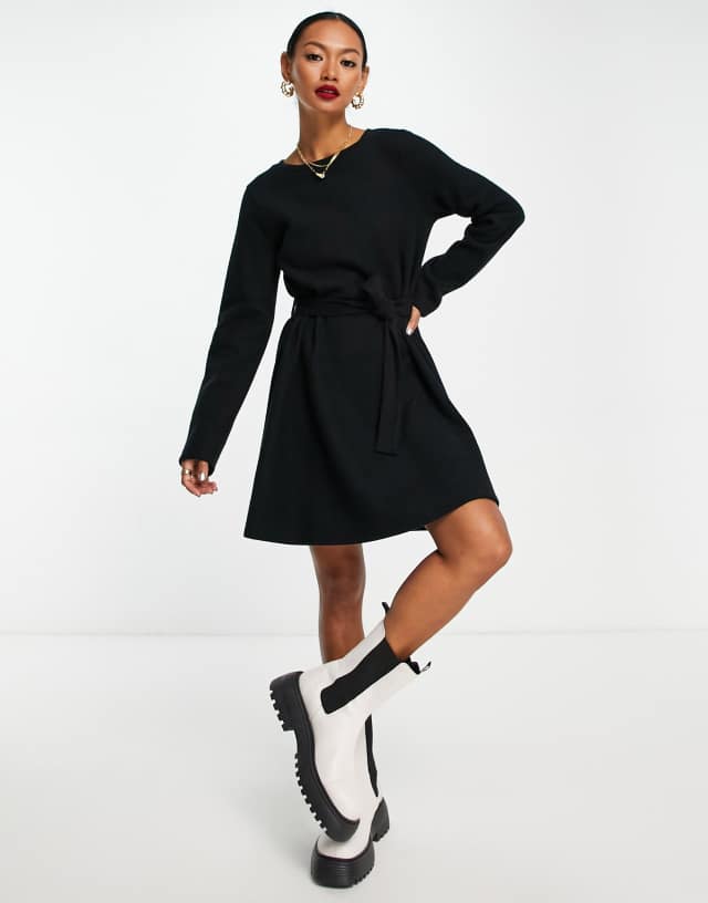 ASOS DESIGN super soft crew neck mini sweater dress with belt in black