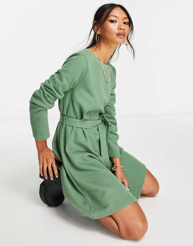 ASOS DESIGN super soft crew neck mini sweater dress with belt in khaki