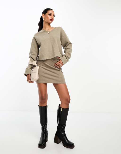 ASOS DESIGN super soft cropped v neck jumper in taupe marl (part of a set)