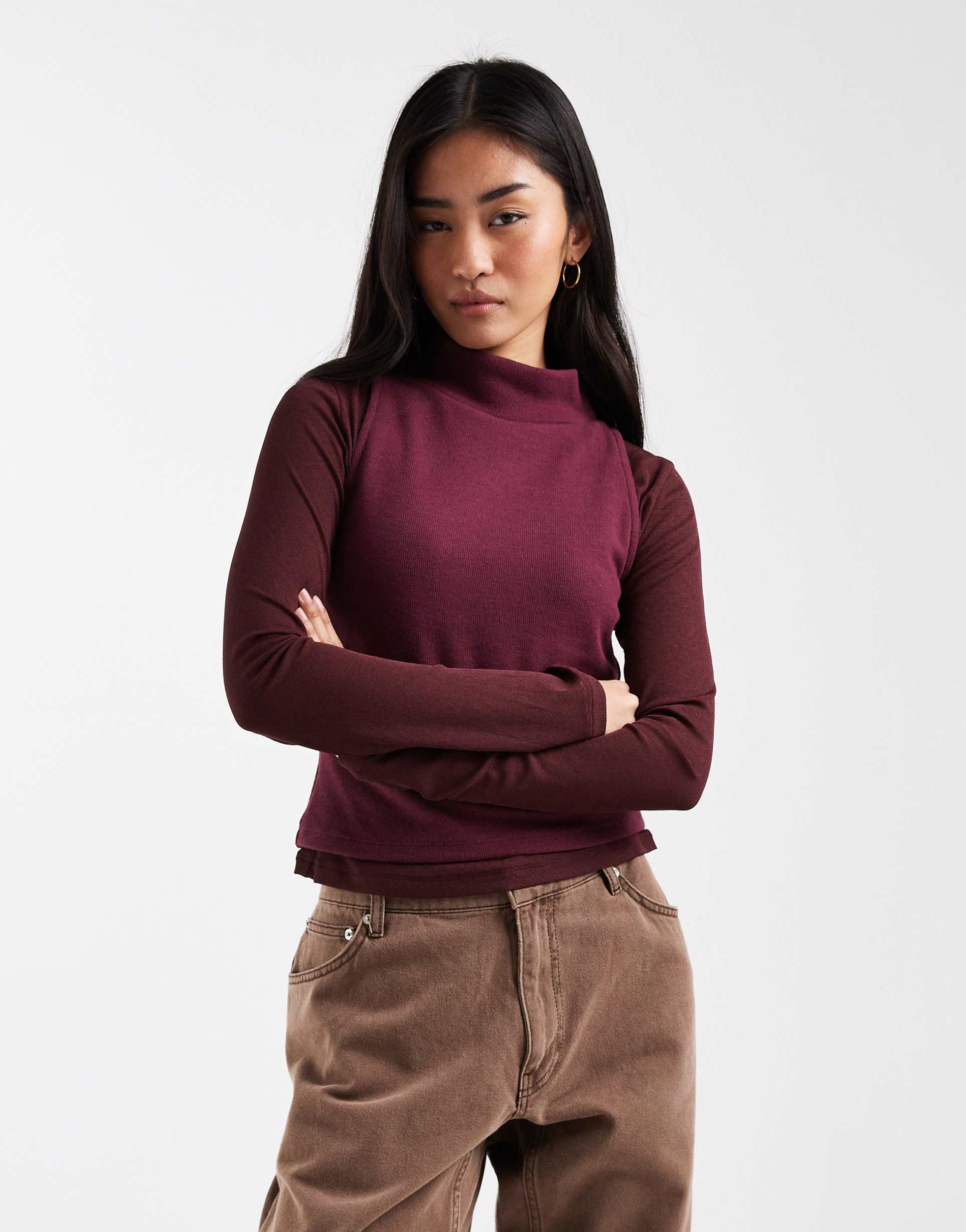asos design super soft double layer funnel neck long sleeve top in plum