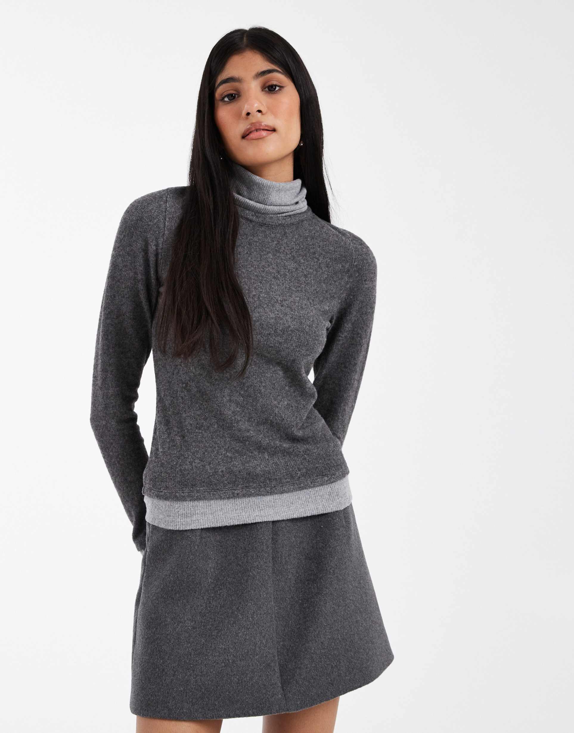 asos design super soft double layer roll neck top in dark gray heather
