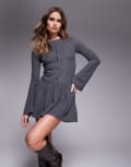 [ASOS DESIGN] ASOS DESIGN super soft dropped waist angel sleeve button through mini dress in grey XS GREY