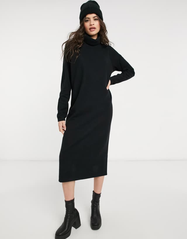 ASOS DESIGN super soft exposed seam midi sweater dress with cowl neck in black