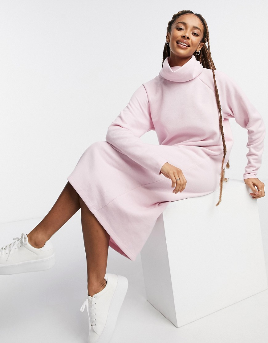 ASOS DESIGN super soft exposed seam sweater midi dress with cowl neck in pink