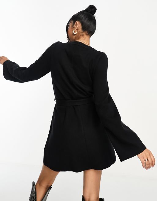 ASOS DESIGN super soft flare sleeve jumper swing mini dress with belt in black, 3 of 4
