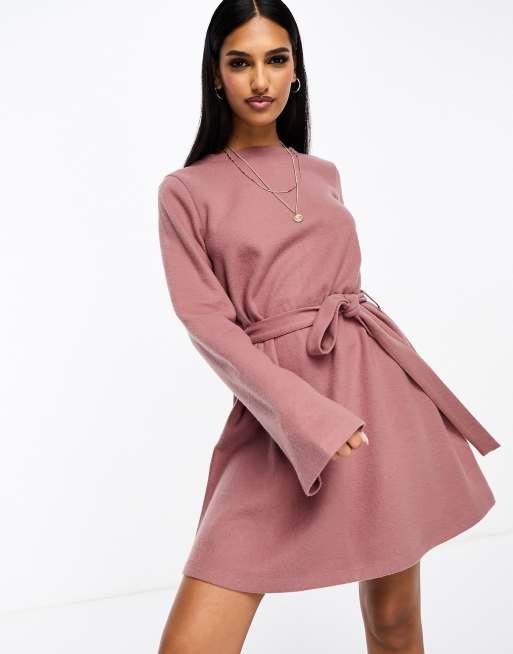 ASOS DESIGN super soft flare sleeve sweater swing mini dress with belt in dusty pink