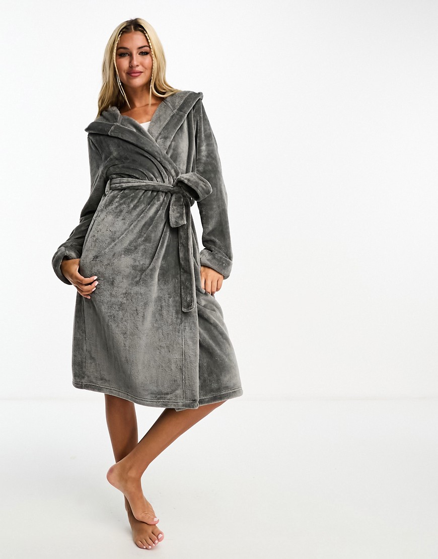 Asos Design Super Soft Fleece Midi Robe In Dark Gray
