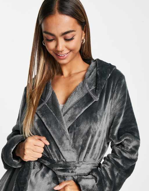 ASOS DESIGN super soft fleece midi robe in gray