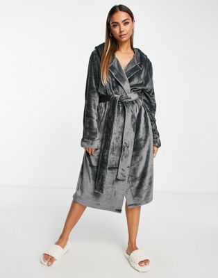 ASOS DESIGN super soft fleece midi robe in grey