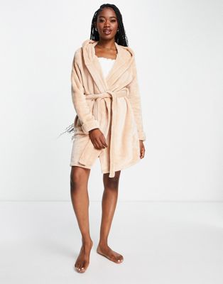 ASOS DESIGN super soft fleece mini robe in biscuit - ASOS Price Checker