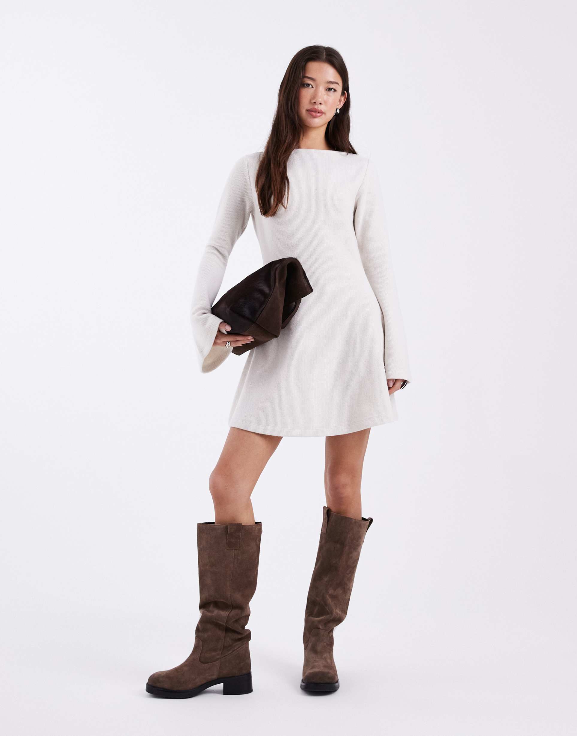 asos design super soft fluted sleeve mini dress in cream