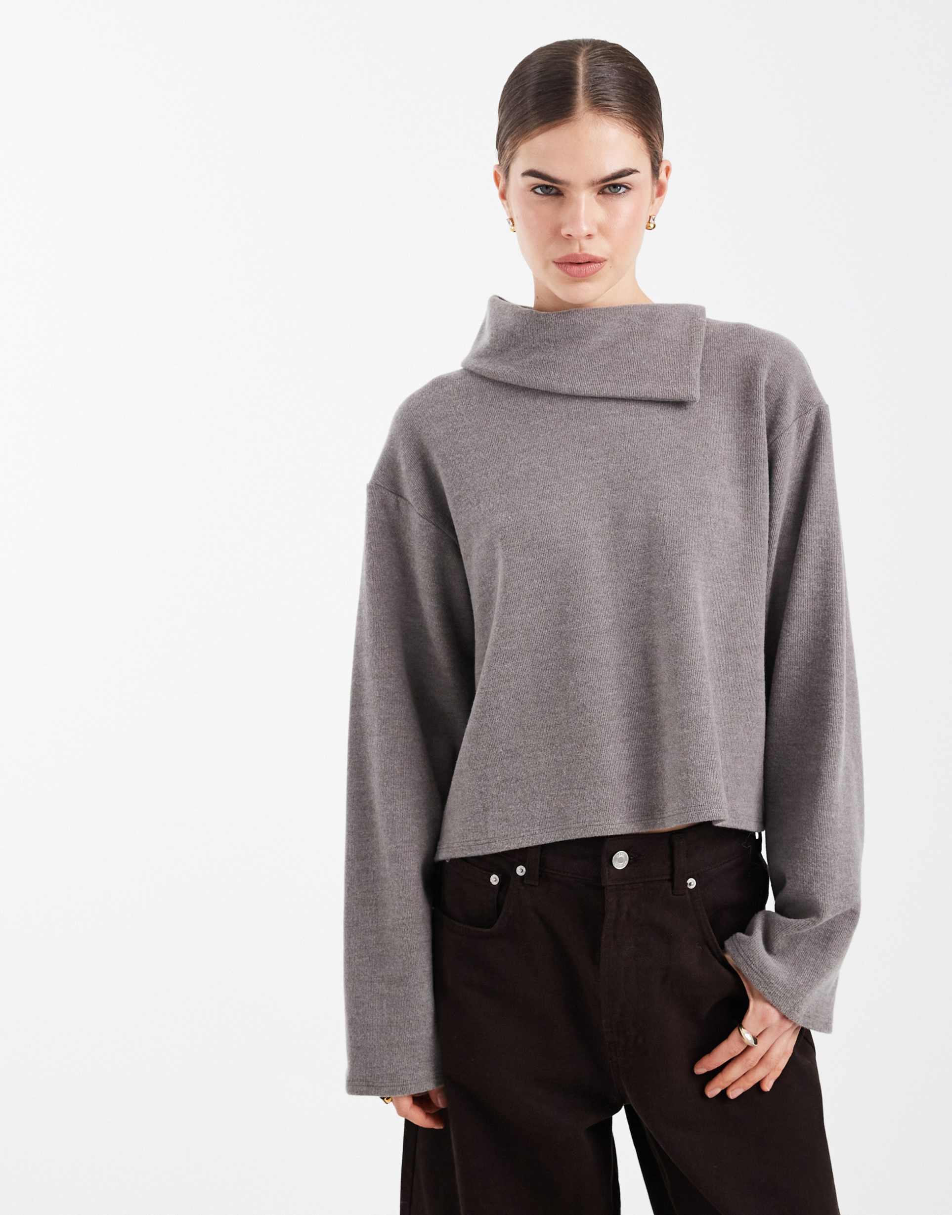 asos design super soft folded neck long sleeve top in charcoal