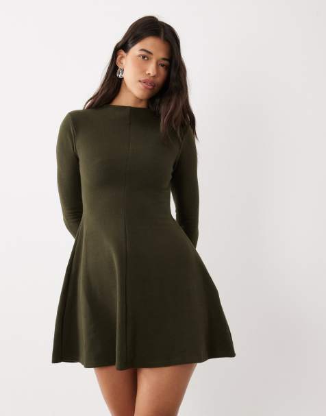 ASOS DESIGN super soft grown-on neck long sleeve dress in olive - view 1