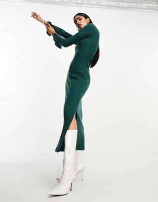 Asos Design Super Soft Grown On Neck Long Sleeve Midi Dress In Dark Green