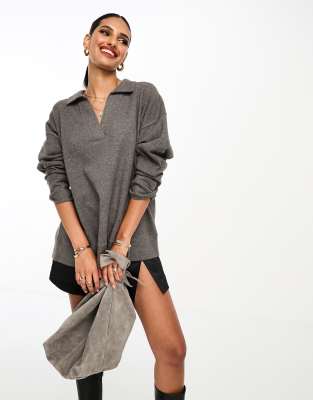 Asos Design Super Soft Long Line Polo Neck Sweater In Charcoal Heather - Part Of A Set-gray