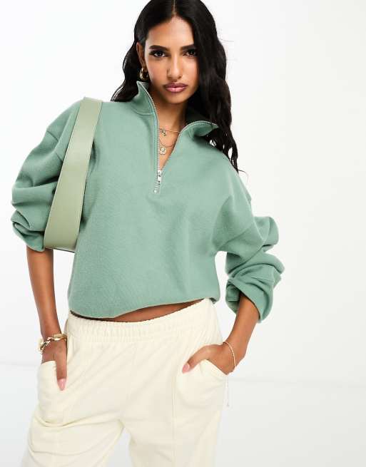 ASOS DESIGN super soft long sleeve boxy crop half zip in sage