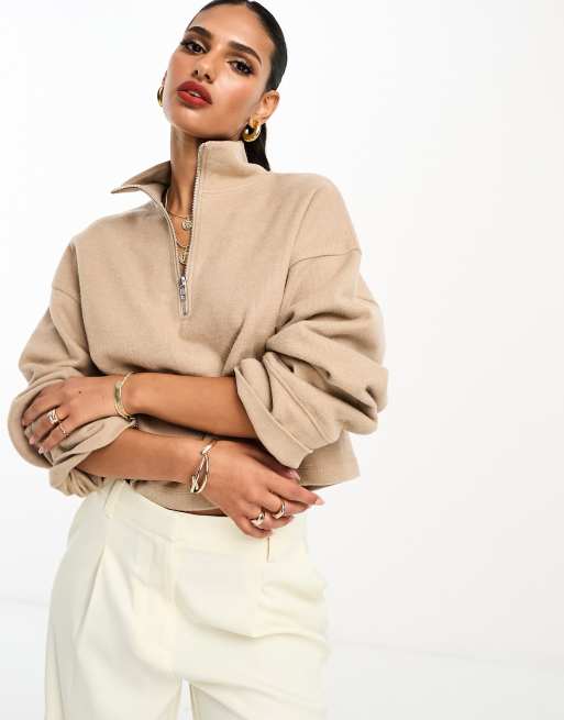 ASOS DESIGN super soft long sleeve boxy crop half zip jumper in camel part of a set