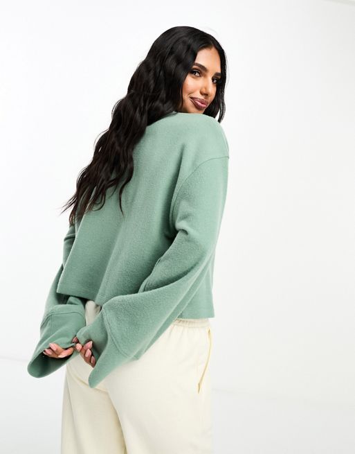 ASOS DESIGN super soft long sleeve boxy crop half zip sweater in sage