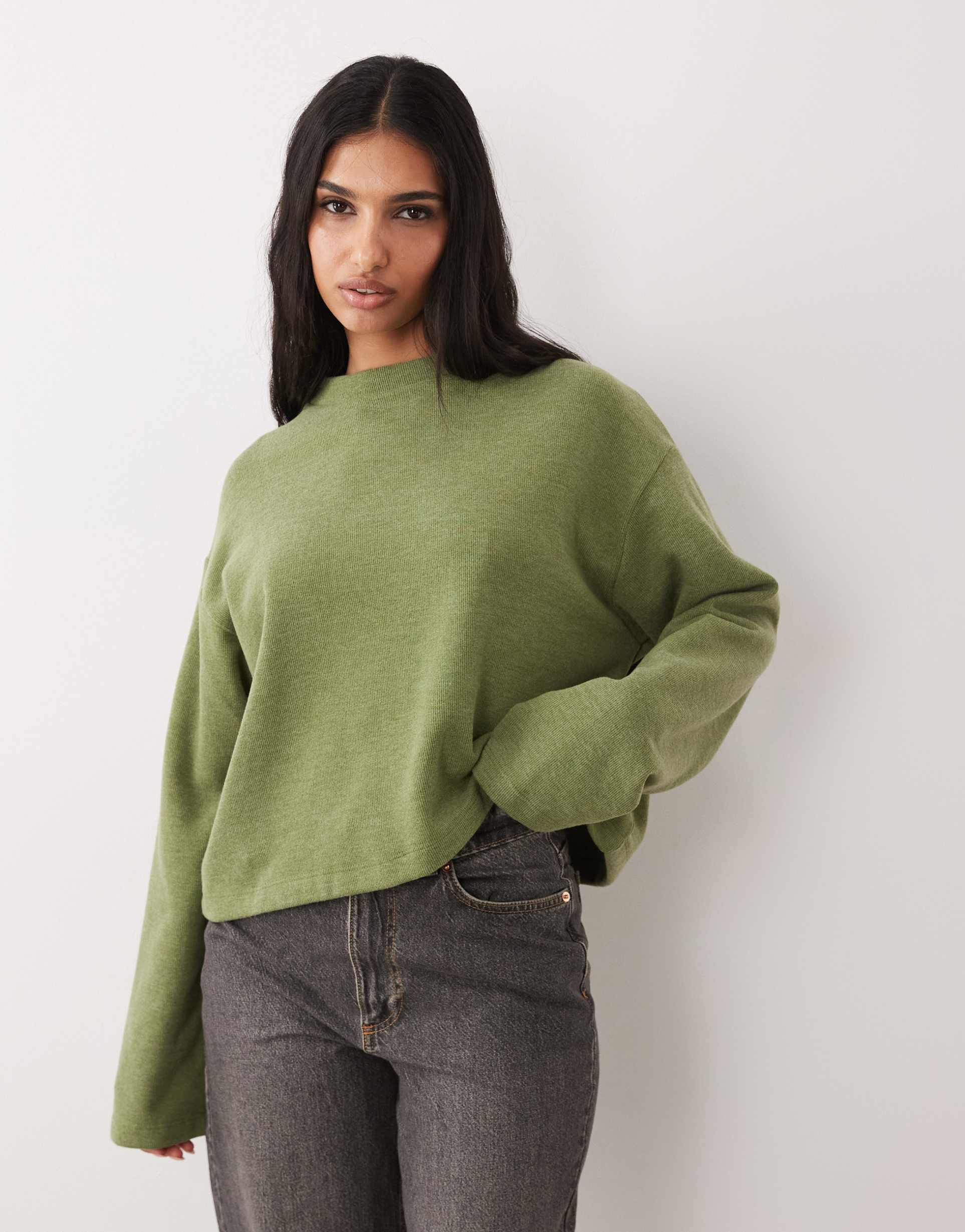asos design super soft long sleeve boxy cropped tee in green