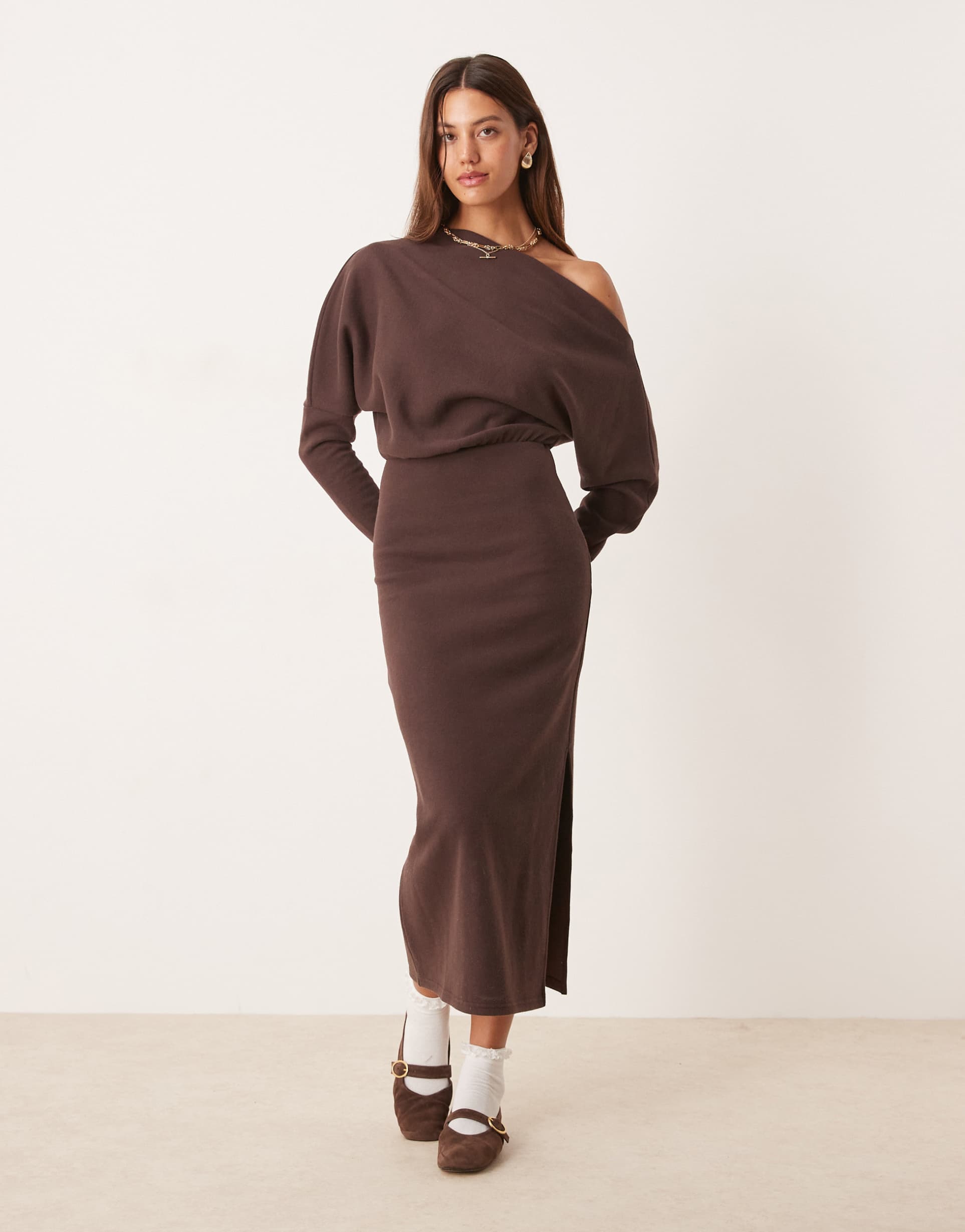 asos design super soft long sleeve fallen shoulder midi dress in chocolate