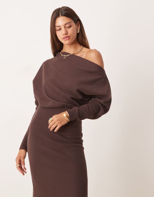 ASOS DESIGN super soft long sleeve fallen shoulder midi dress in chocolate