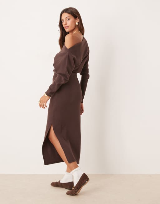 ASOS DESIGN super soft long sleeve fallen shoulder midi dress in chocolate