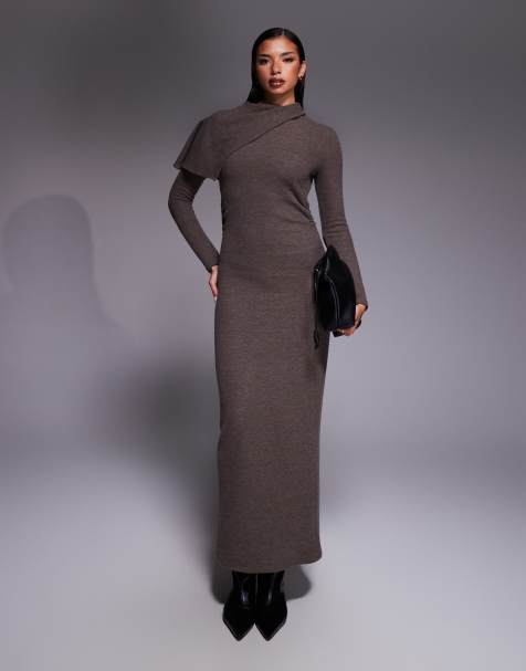 ASOS DESIGN super soft long sleeve foldover cape detail midi dress in chocolate - view 1