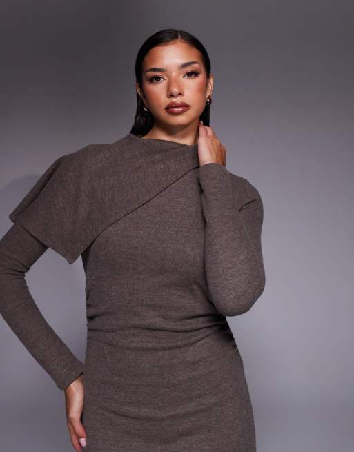 ASOS DESIGN super soft long sleeve foldover cape detail midi dress in chocolate, 3 of 4