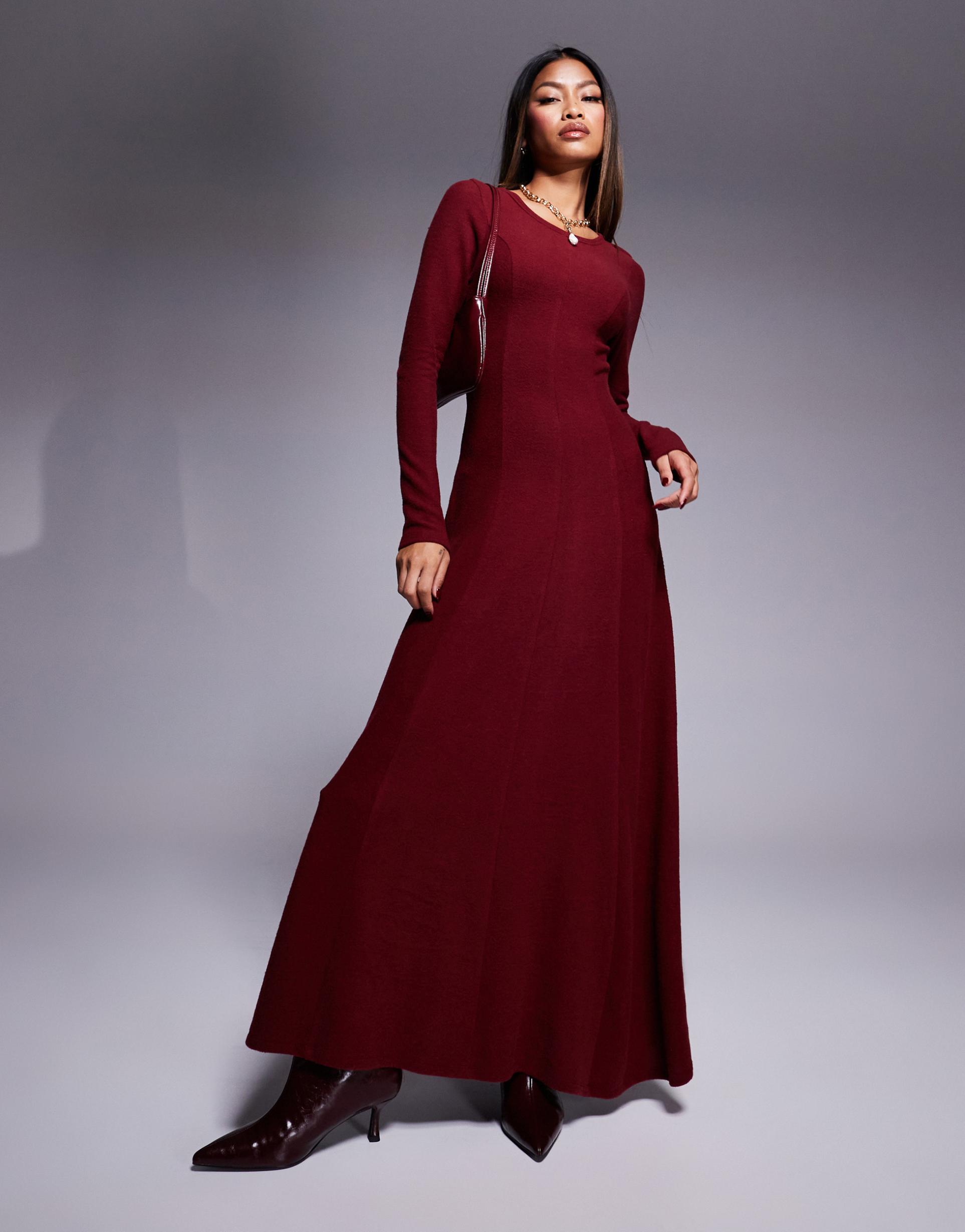 asos design super soft long sleeve maxi dress with seam detail in burgundy