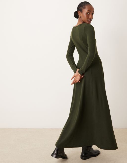 ASOS DESIGN super soft long sleeve maxi dress with seam detail in khaki green