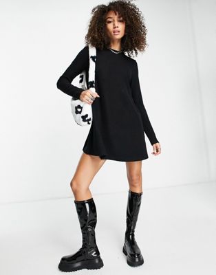 ASOS DESIGN super soft long sleeve mini swing dress in black