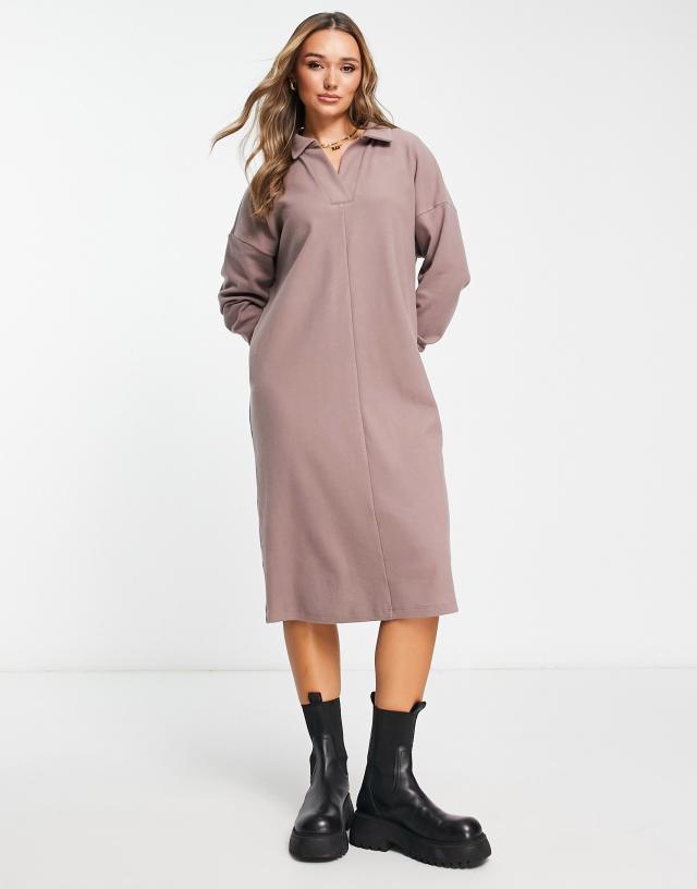 ASOS DESIGN super soft long sleeve polo midi sweater dress in taupe