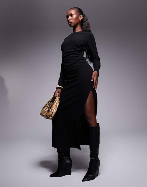 ASOS DESIGN super soft long sleeve ruched side maxi dress in black
