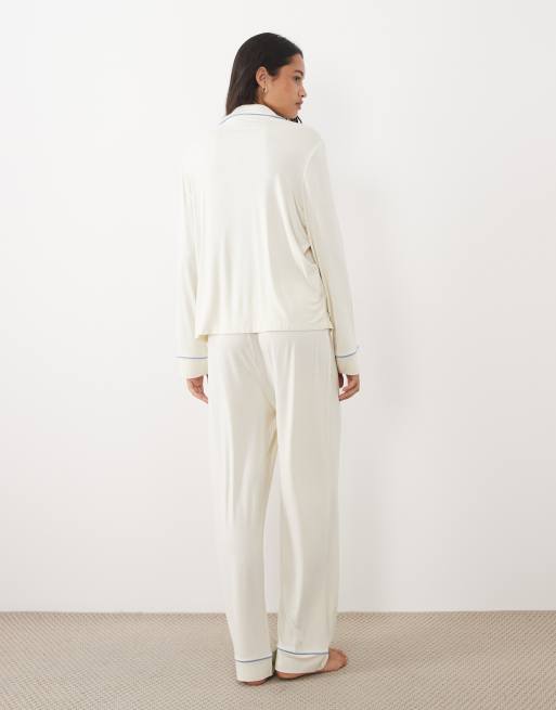 ASOS DESIGN super soft long sleeve shirt and pant pyjama set in ivory with blue contrast trim, 2 of 4