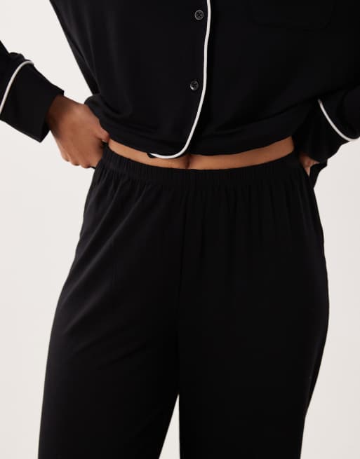 ASOS DESIGN super soft long sleeve shirt & pants pajama set in black, 4 of 4