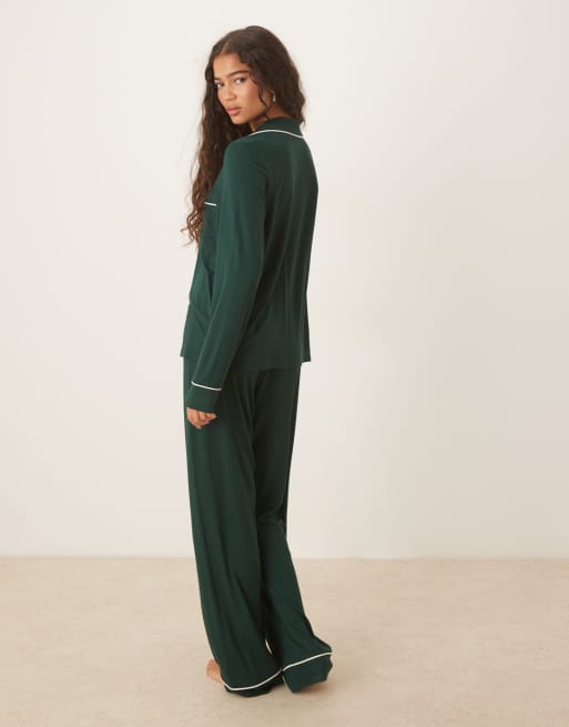 ASOS DESIGN super soft long sleeve shirt & pants pajama set in dark green