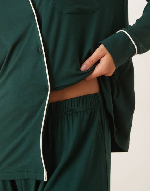 ASOS DESIGN super soft long sleeve shirt & pants pajama set in dark green, 3 of 4