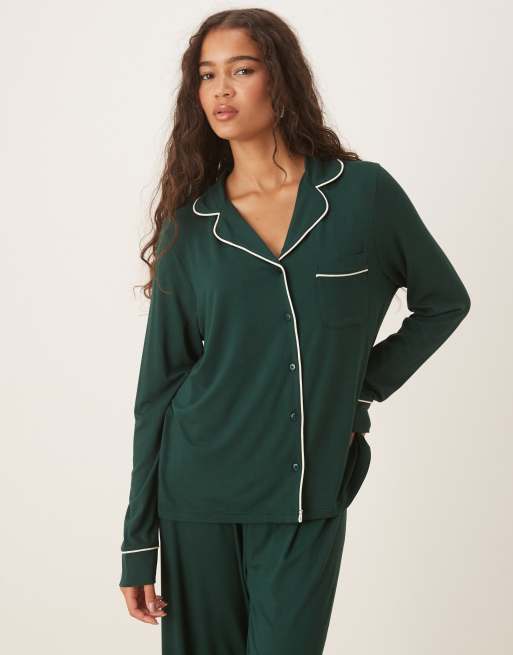 ASOS DESIGN super soft long sleeve shirt & pants pajama set in dark green