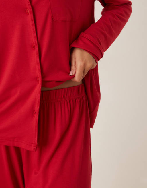 ASOS DESIGN super soft long sleeve shirt & pants pajama set in red